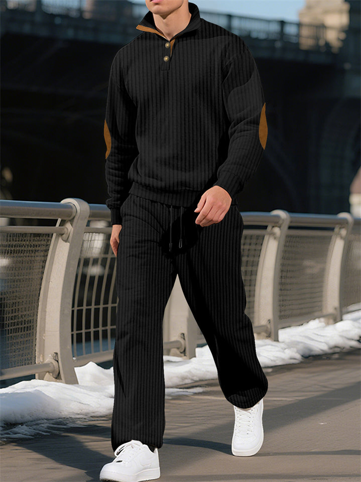 Men's Casual Solid Color Pit Stripe Drawstring Stand Collar Sweatshirts & Sweatpants Outfit