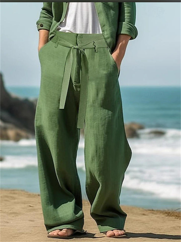 Men's Solid Color Linen Tie-Waist Wide Leg Straight Pants