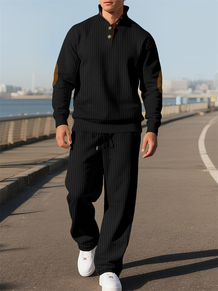 Men's Casual Solid Color Pit Stripe Drawstring Stand Collar Sweatshirts & Sweatpants Outfit