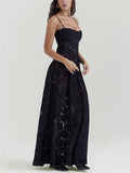 Ladies French Style Spaghetti Strap Backless Lace Long Dress