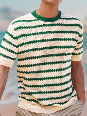 Men's Vacation Stripe Round Neck Knitted Short Sleeve Sweater Shirt