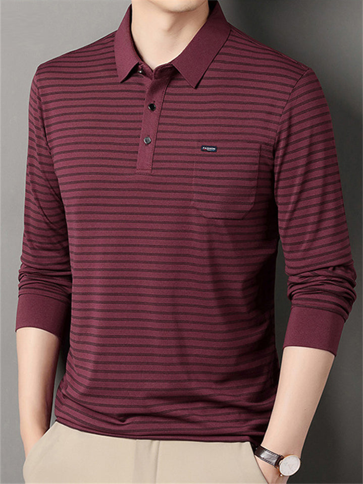 Men's Casual Stripe Pockets Lapel Long Sleeve Shirts