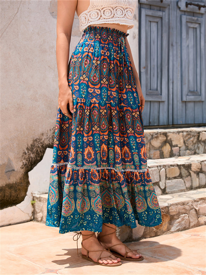 Bohemian Exotic Print Pleated Skirt for Women