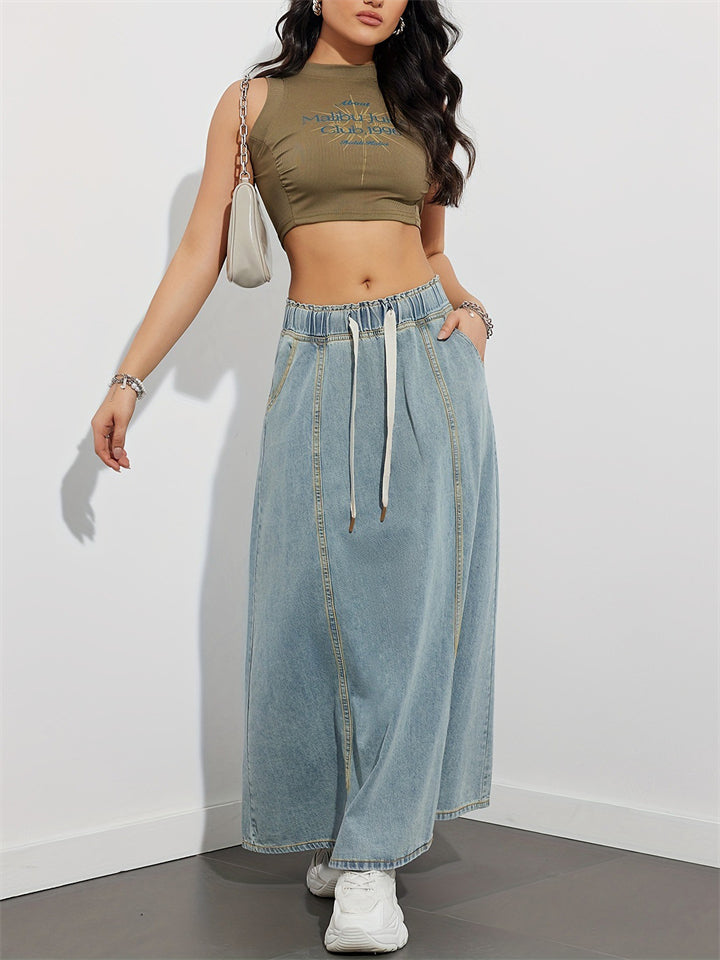 Women A-Line Long Casual Elastic Waist Denim Skirt