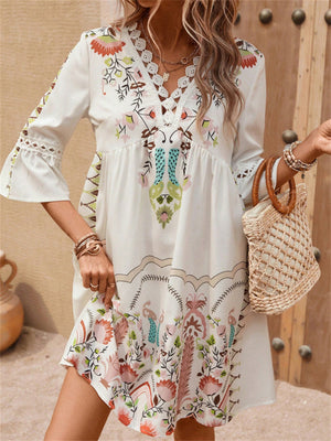 V-neck Bell Sleeve Lace Spliced Printed Dress for Women