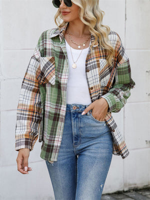 Relaxed Multicolor Plaid Chest Pocket Lapel Blouses for Women