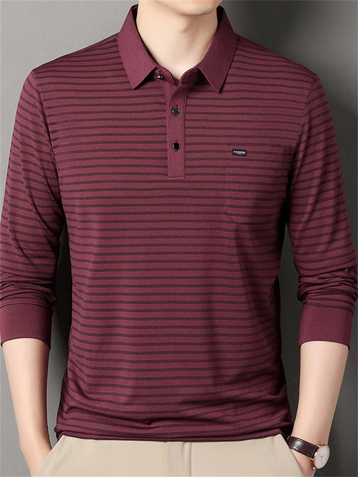 Men's Casual Stripe Pockets Lapel Long Sleeve Shirts