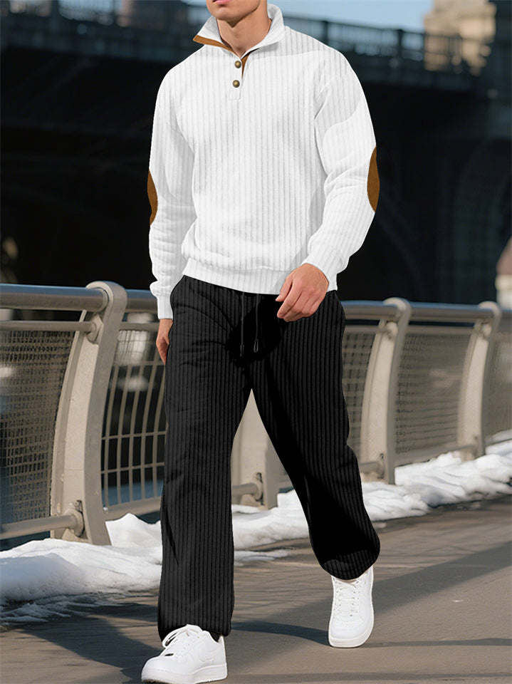 Men's Casual Solid Color Pit Stripe Drawstring Stand Collar Sweatshirts & Sweatpants Outfit