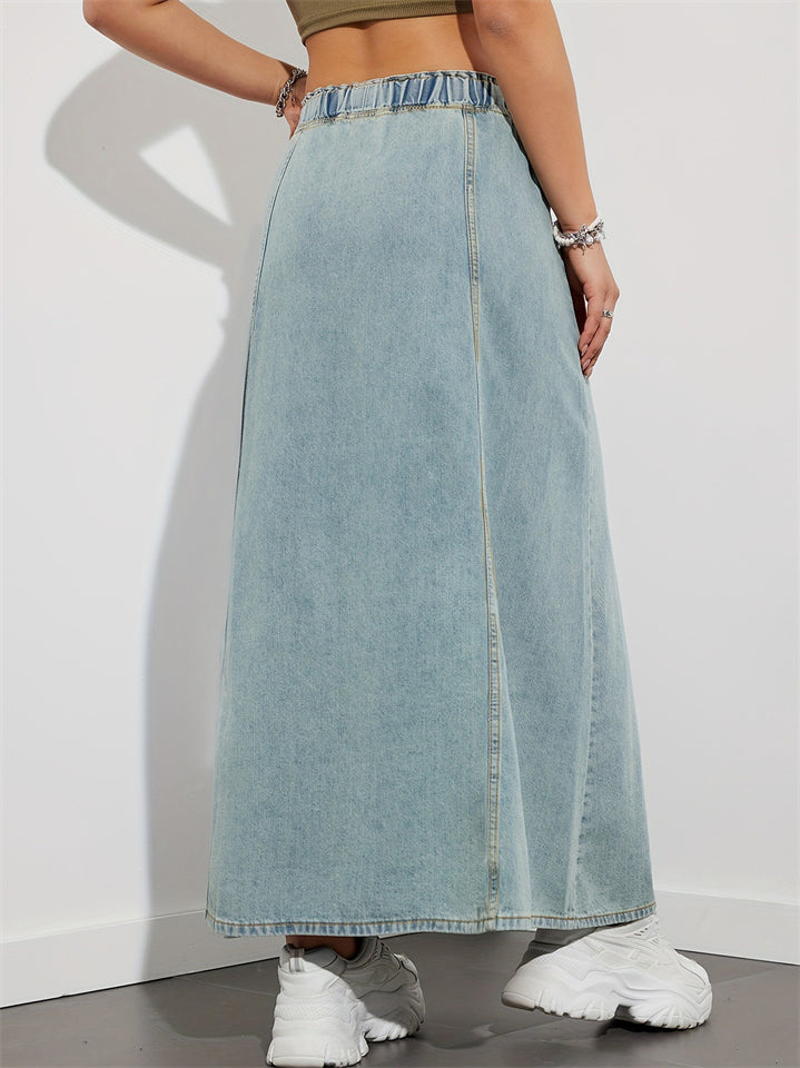 Women A-Line Long Casual Elastic Waist Denim Skirt