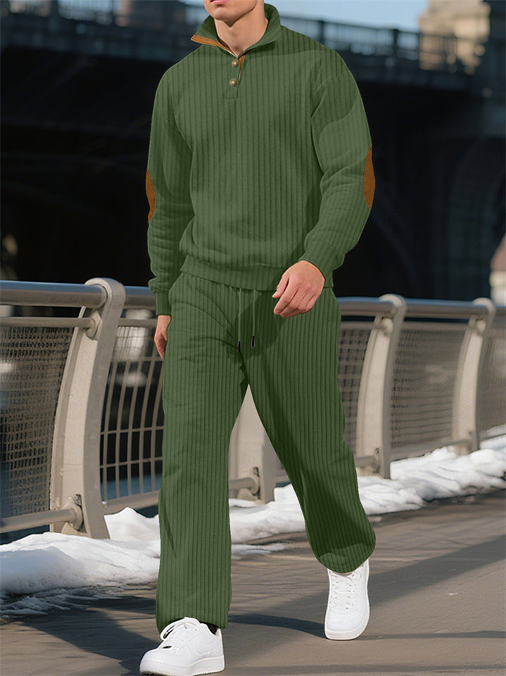 Men's Casual Solid Color Pit Stripe Drawstring Stand Collar Sweatshirts & Sweatpants Outfit