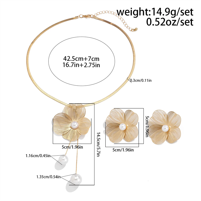 Flower Petal Faux Pearl Pendant Necklace Stud Earrings Set
