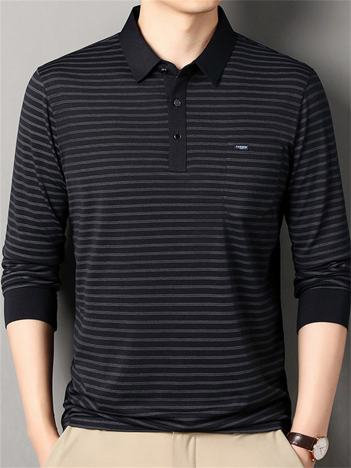 Men's Casual Stripe Pockets Lapel Long Sleeve Shirts