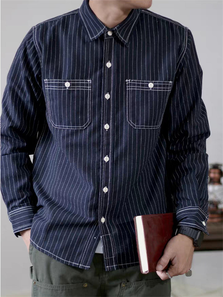 Men's Retro Long Sleeve Stripe Cargo Shirts