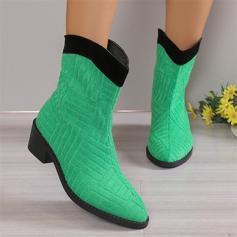 Women's Chic Pointed Toe Low Heel Patchwork Martin Boots