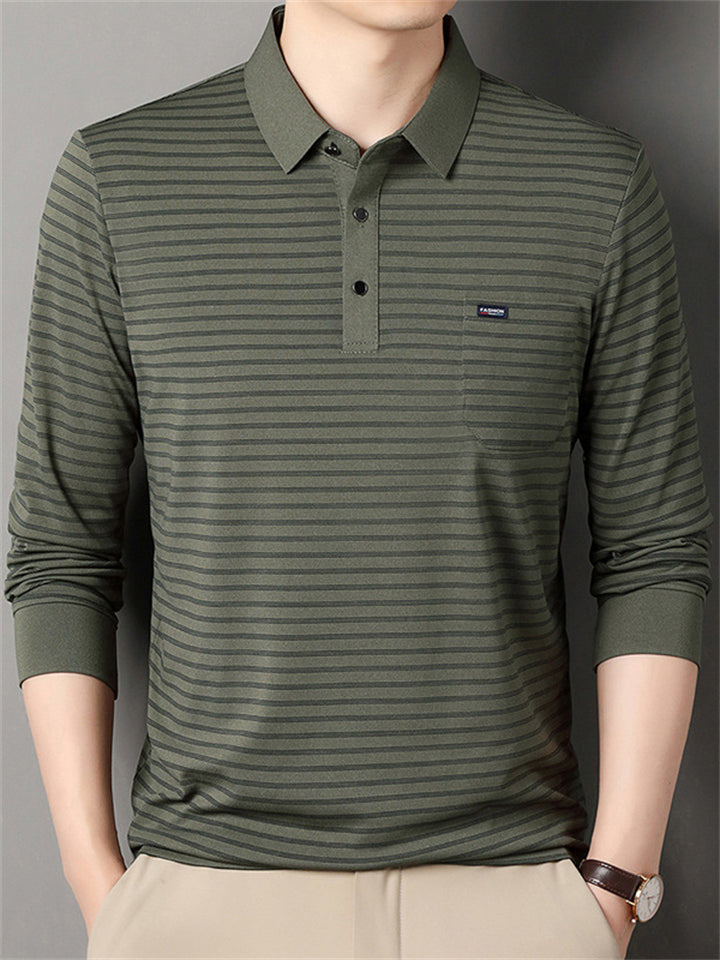 Men's Casual Stripe Pockets Lapel Long Sleeve Shirts