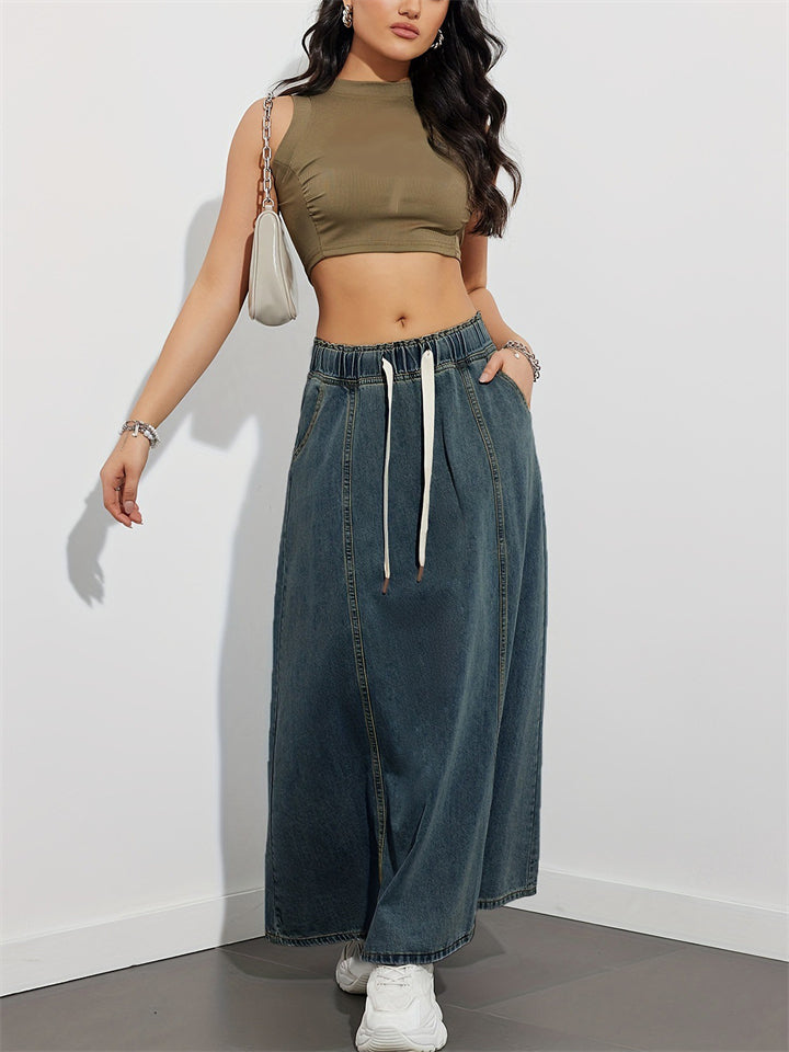 Women A-Line Long Casual Elastic Waist Denim Skirt