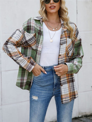 Relaxed Multicolor Plaid Chest Pocket Lapel Blouses for Women
