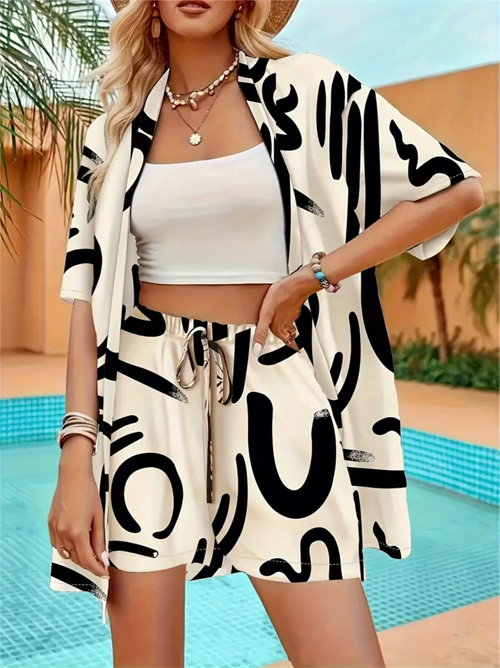 Women's 2Pcs Elegant Summer Holiday Style Print Short Sleeve Top & Pants Set