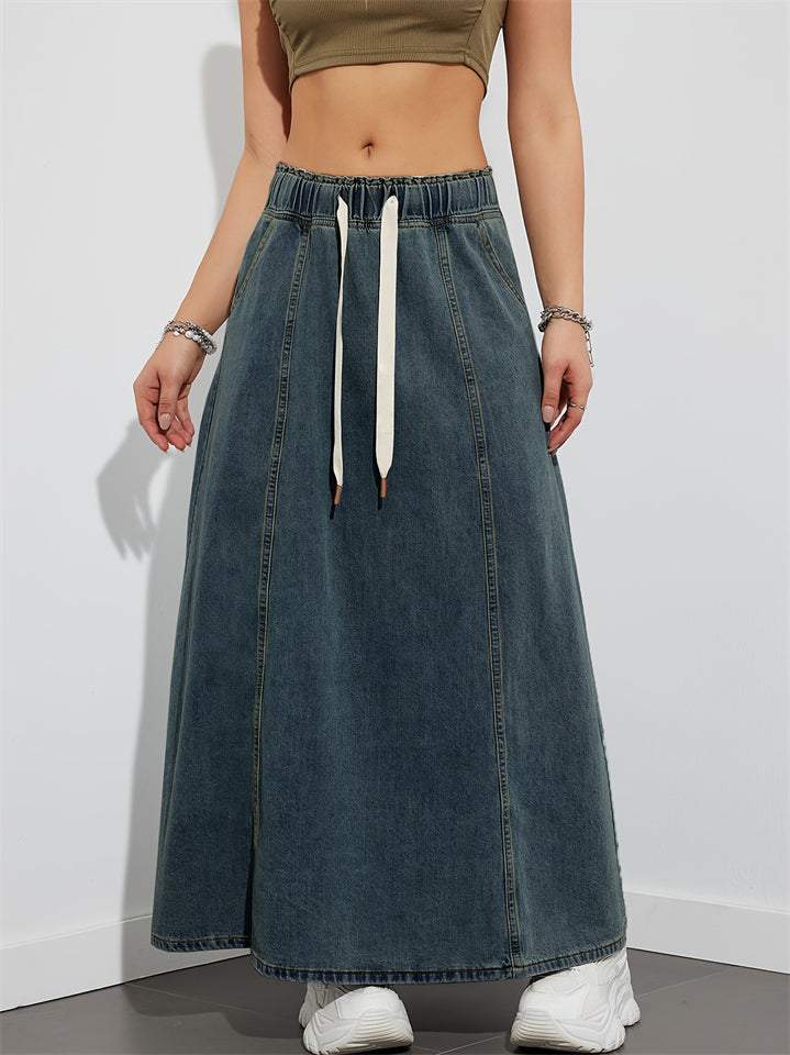 Women A-Line Long Casual Elastic Waist Denim Skirt