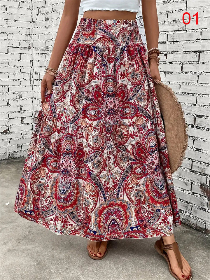 Women's Flowy Bohemian Floral Print Chiffon Long Skirt
