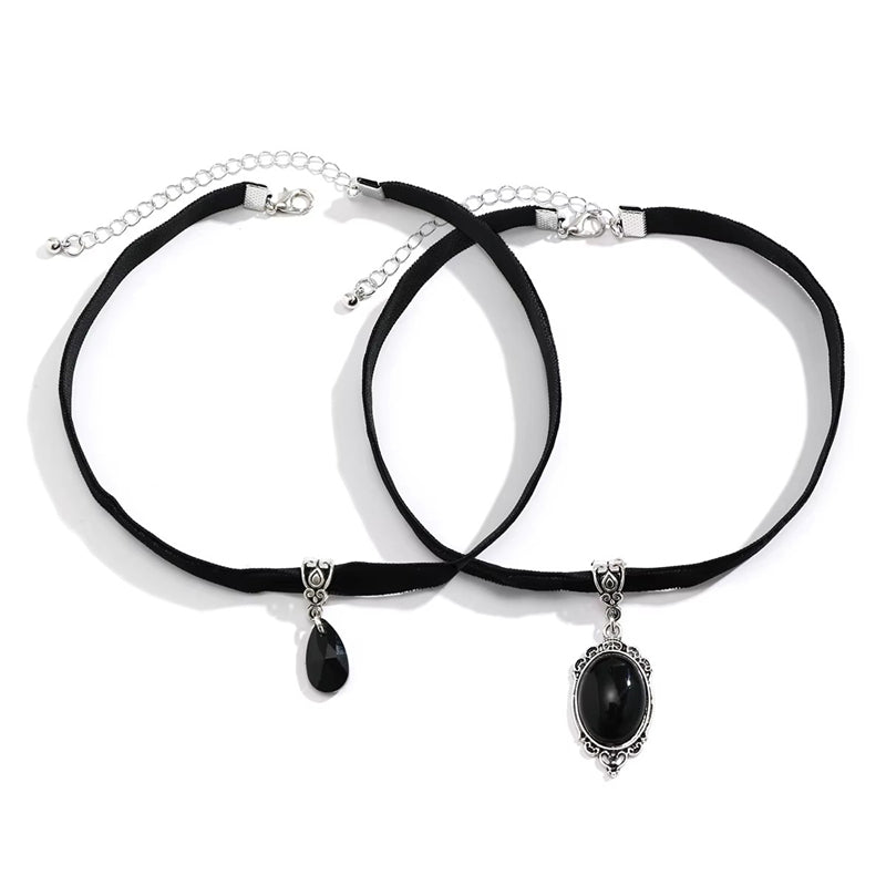 2Pcs/Set Gothic Black Crystal Pendant Wildcat Chokers