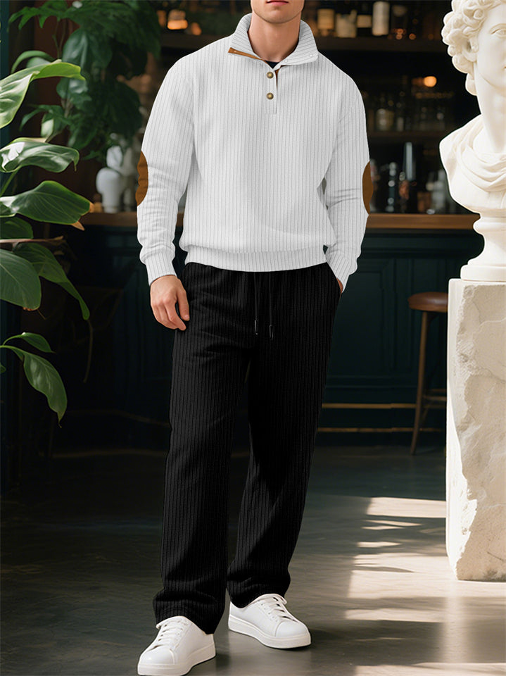 Men's Casual Solid Color Pit Stripe Drawstring Stand Collar Sweatshirts & Sweatpants Outfit