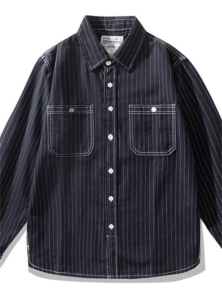 Men's Retro Long Sleeve Stripe Cargo Shirts