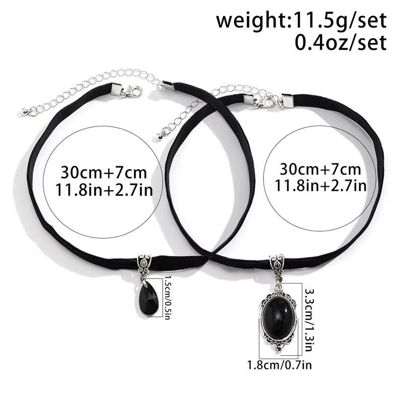 2Pcs/Set Gothic Black Crystal Pendant Wildcat Chokers