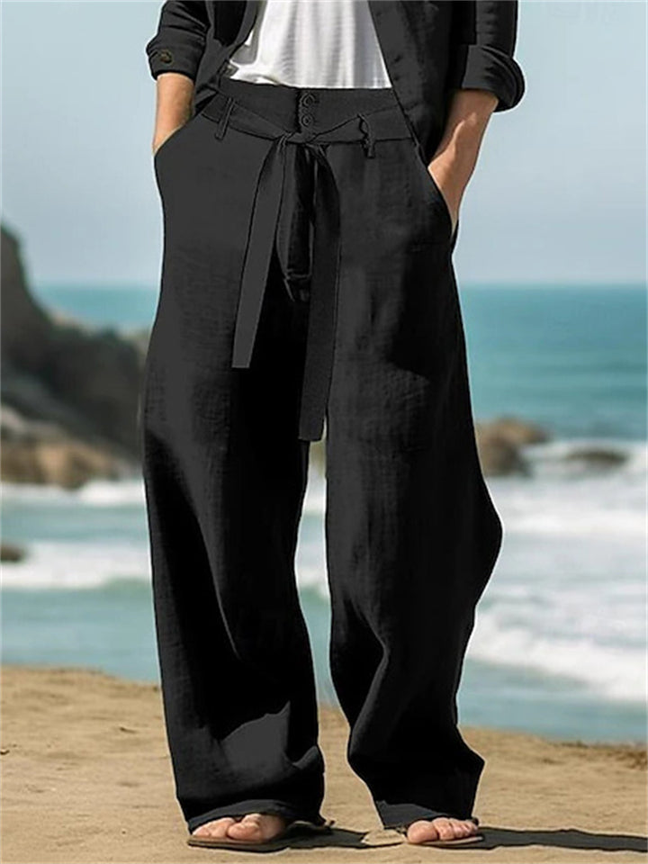 Men's Solid Color Linen Tie-Waist Wide Leg Straight Pants