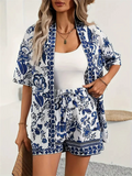 Women's 2Pcs Elegant Summer Holiday Style Print Short Sleeve Top & Pants Set