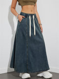 Women A-Line Long Casual Elastic Waist Denim Skirt