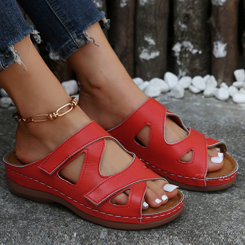 Summer Hollow Out Velcro Wedge Heel Casual Slippers for Women