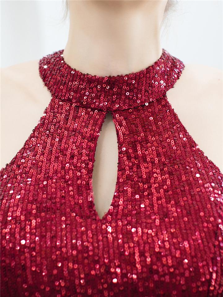 Shiny Sequined Halter Neck Maxi Mermaid Dress for Evening