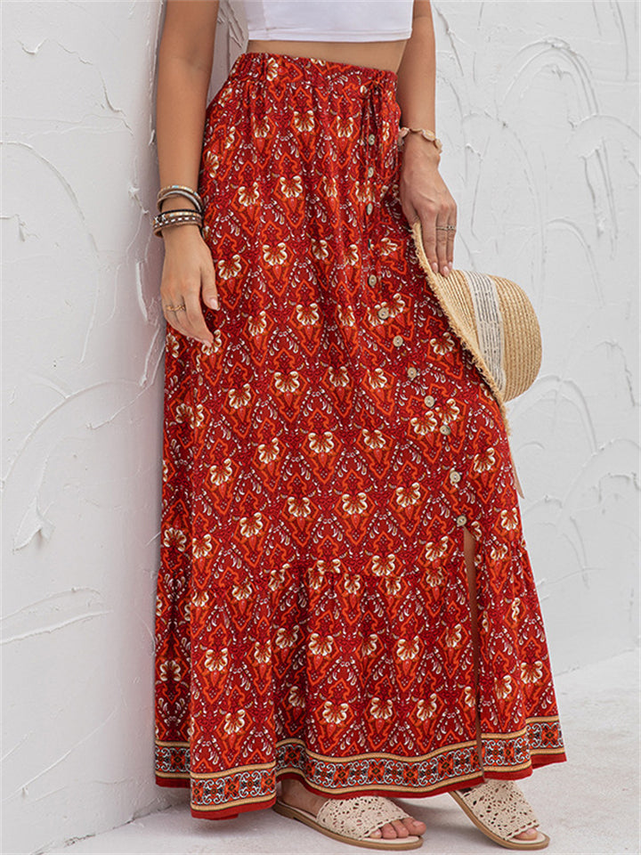 High Waist Casual Printed Split Long Skirts
