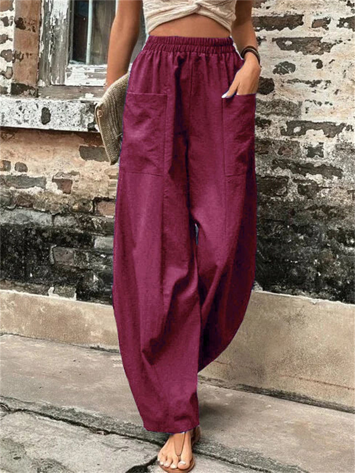 Women's Elastic High Waist Loose Casual Pants with Pockets