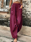 Women's Elastic High Waist Loose Casual Pants with Pockets