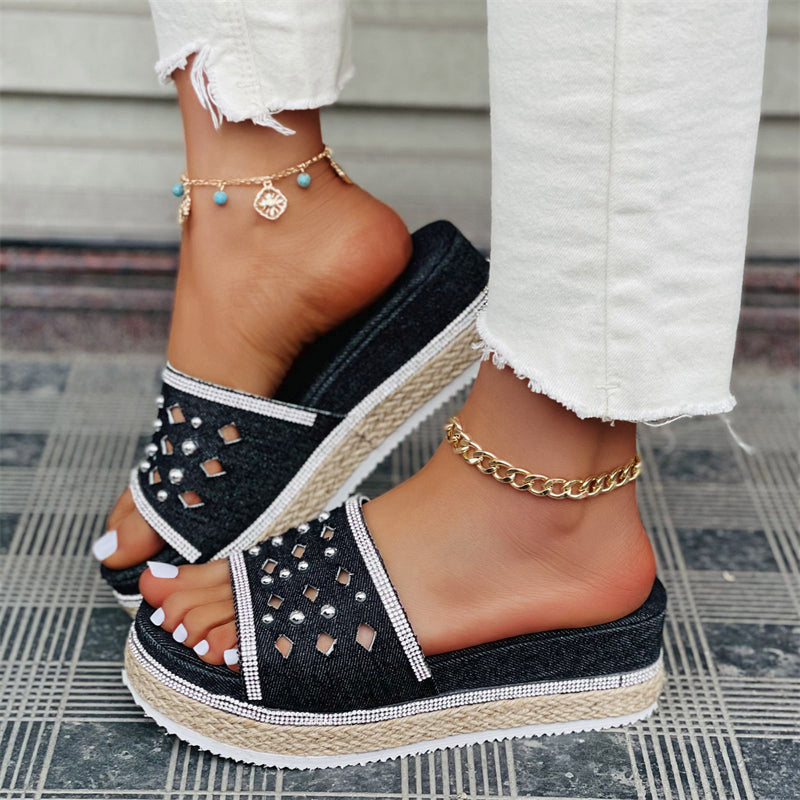Women's Comfortable Rhinestone Denim Solid Color Slippers
