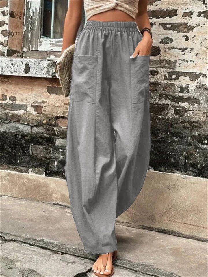 Women's Elastic High Waist Loose Casual Pants with Pockets