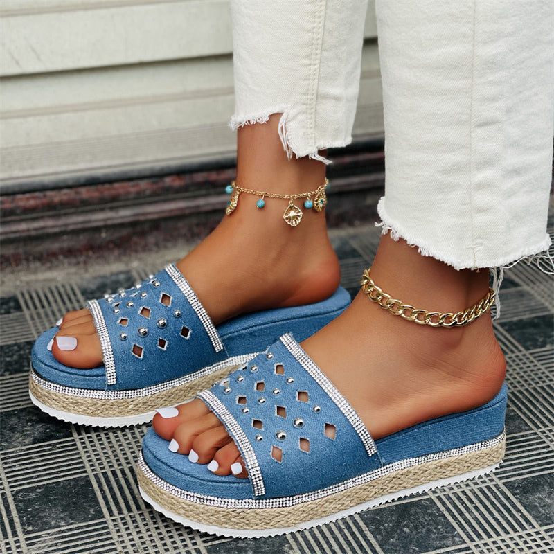 Women's Comfortable Rhinestone Denim Solid Color Slippers