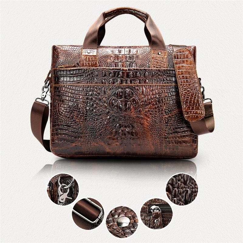 Retro Style Crocodile Textured Interior Pocket Detachable Sling Strap Laptop Bag