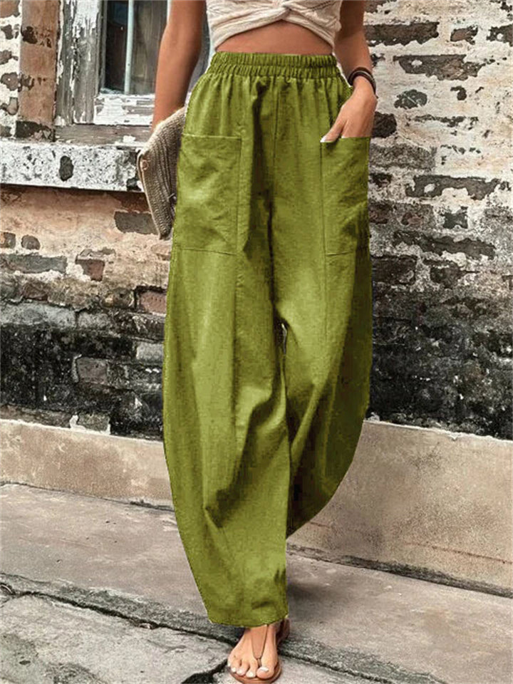 Women's Elastic High Waist Loose Casual Pants with Pockets