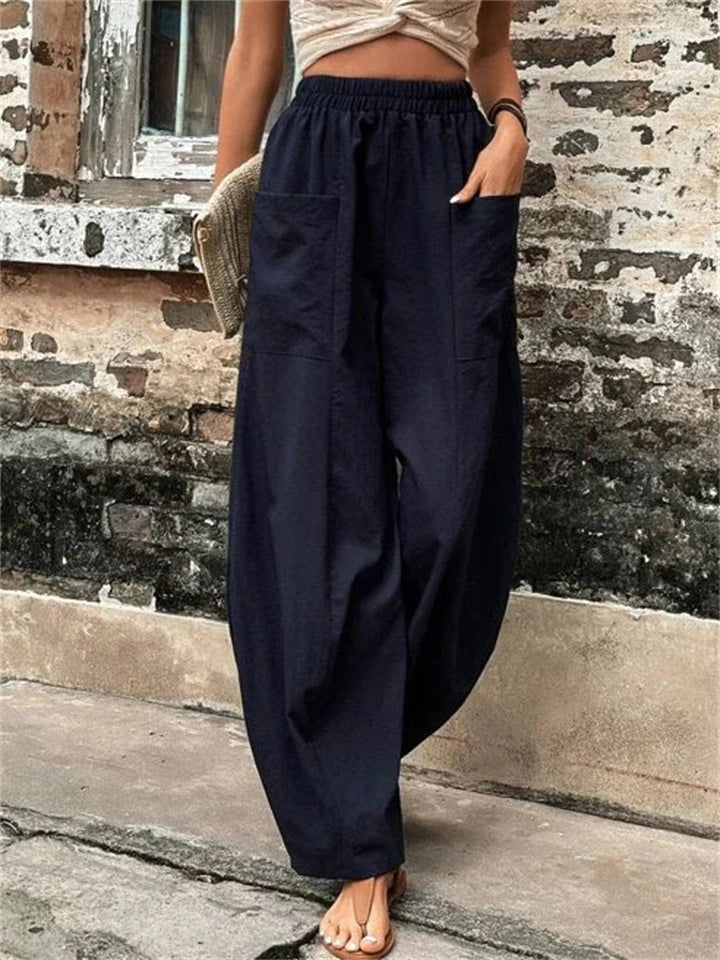 Women's Elastic High Waist Loose Casual Pants with Pockets