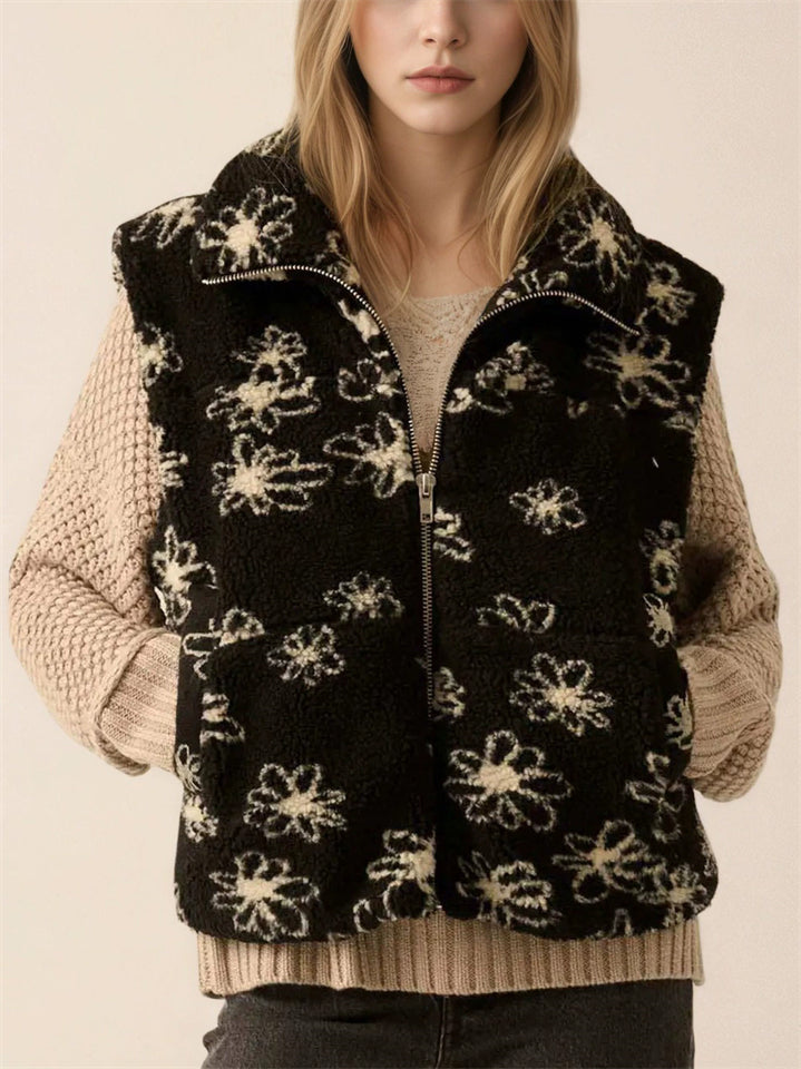 Women's Trendy Floral Pattern Zip Up Lapel Sleeveless Vest Coats