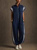 Women Zip Up Short Sleeve Striped Athletic Jumpsuit