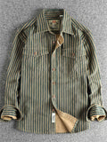 Men's Retro Cotton Long Sleeve Stripe Lapel Cargo Shirts