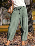 ‌Drawstring Corduroy Pockets Wide Leg Cropped Pants for Women‌