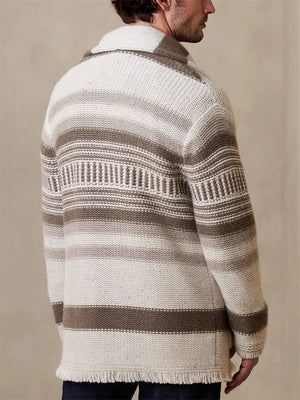 Men's Stylish Beige Stripe Cardigan Knitted Sweaters