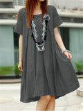 Elegant Crew Neck Short Sleeve Pleated A-line Dress for Lady