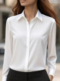 Ladies' Solid Color Lapel Button Up Long Sleeve Satin Blouses