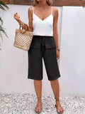 Female Solid Drawstring Knee Length Pants with Button Pocket